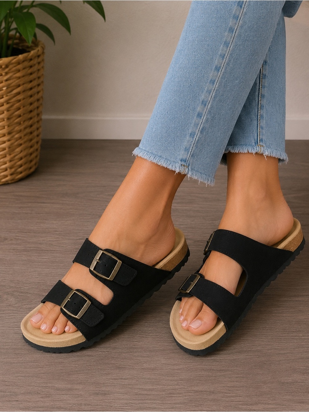 Black Double Buckle Cork Footbed Slide Sandals Size 37 NWOT